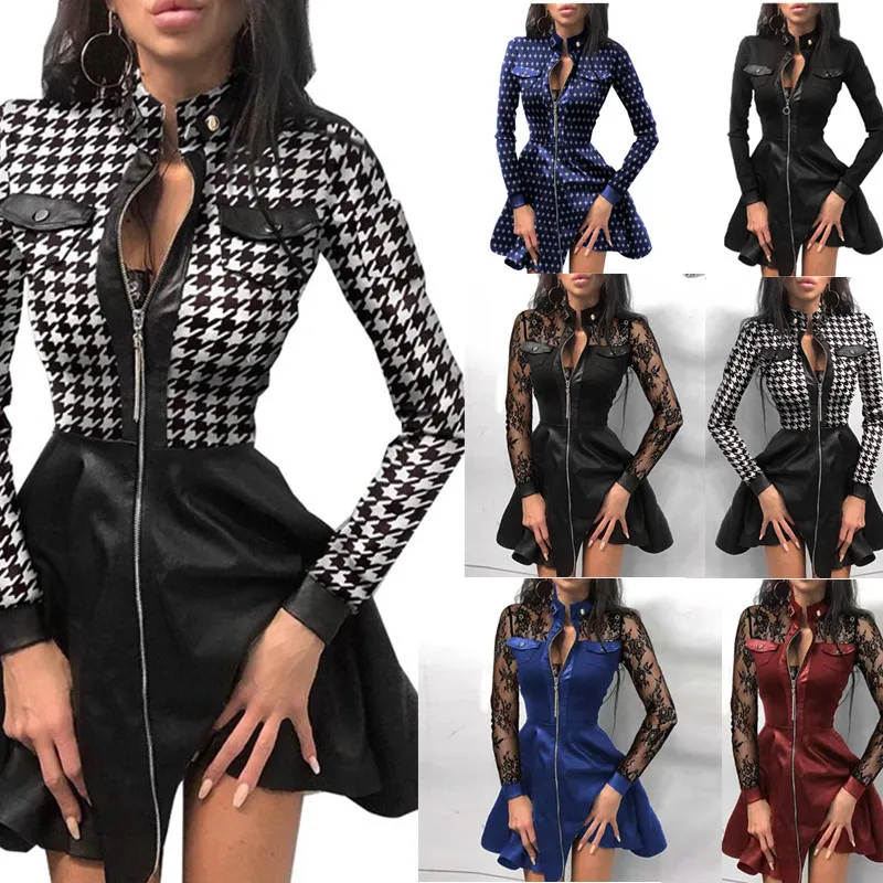 

Sexy Stand Collar Print Zipper Pu Long Sleeves Mini Dress Casual Autumn Winter Fashion Pocket Leather Elegant Slim Office Lady