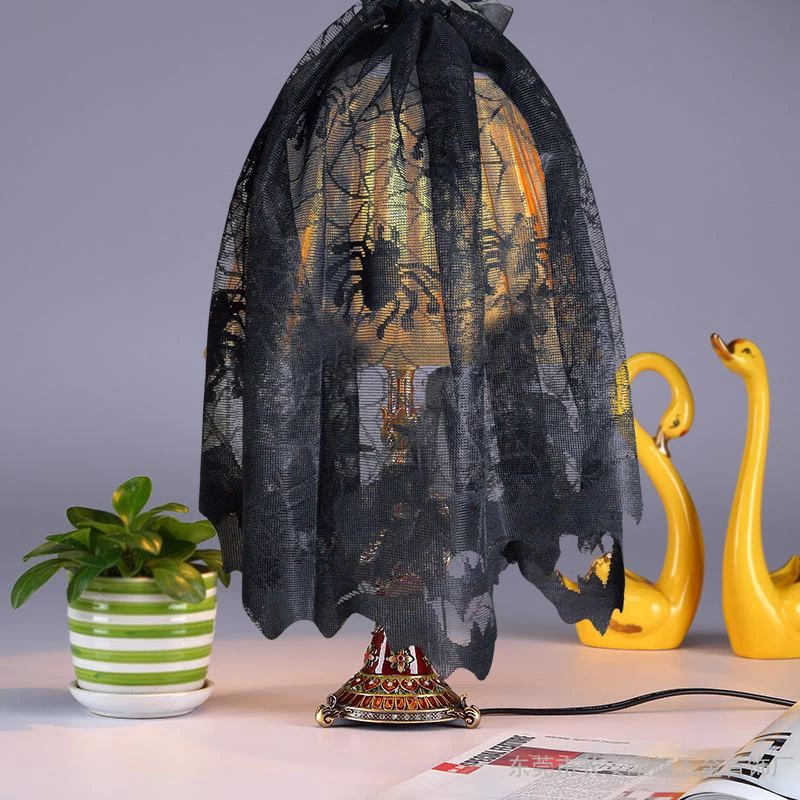 Black Lace Witch Bat Skull Spider Web Tablecloth Table Lamp Fireplace Cover Decoration Halloween Window Door Curtain Home Decor | Дом и сад