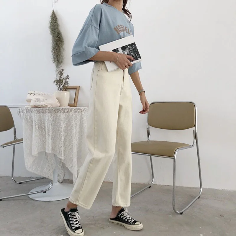 Женские джинсы бежевые джинсовые с высокой талией до щиколотки свободные