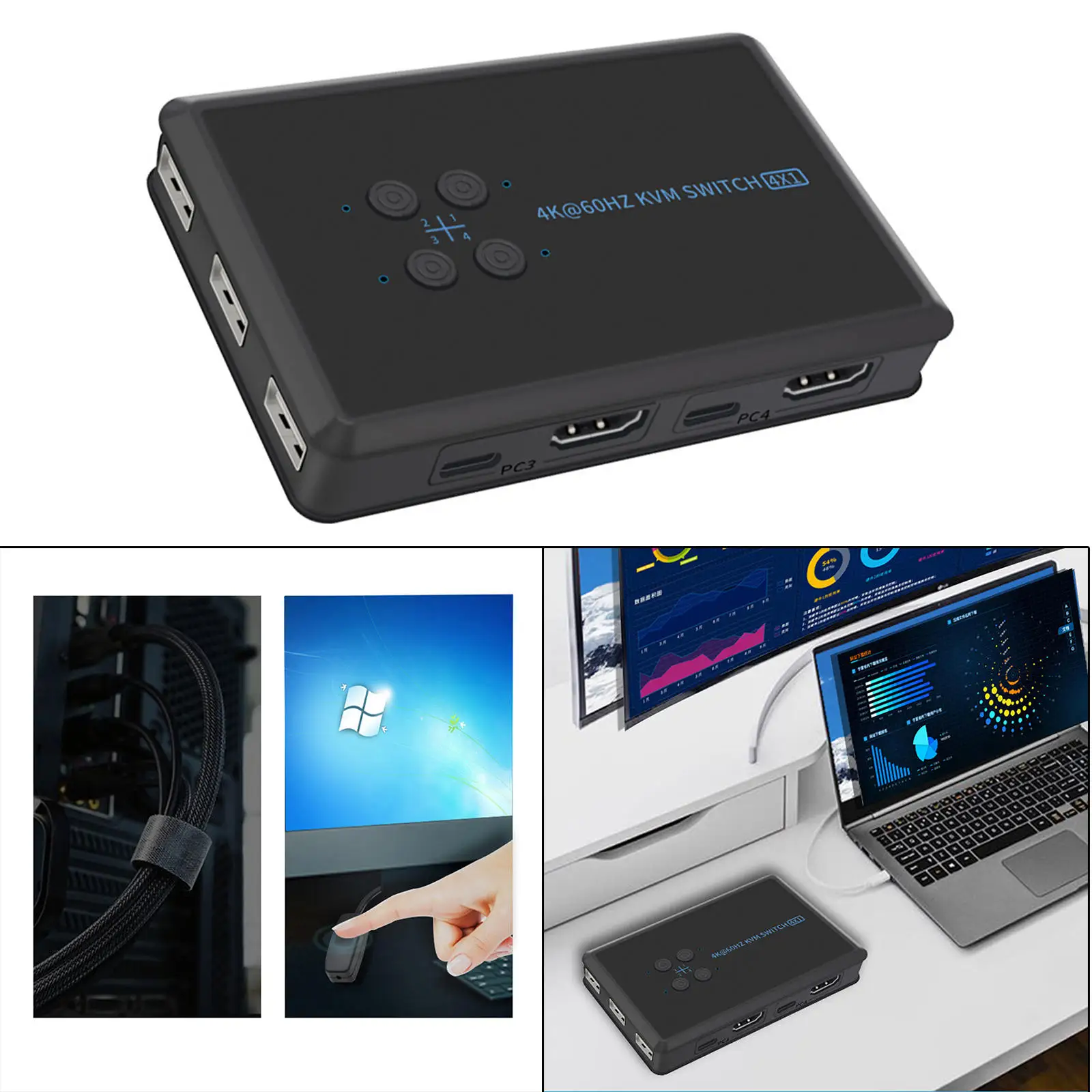 KVM Switch 4 Port Box UHD 4K@60Hz &amp 3D 1080P Supported Downward | Switches