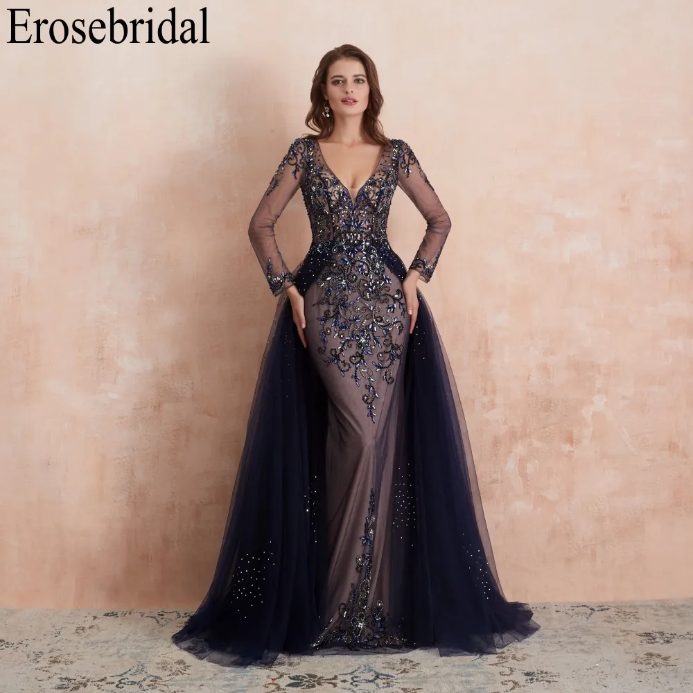 NAVY Long Sleeve Erosebridal платья с длинным рукавом для особых случаев для женщин вечернее платье Длинные официальные платья вечерние платья тюль ткань с бисером - Цвет: NAVY Long Sleeve