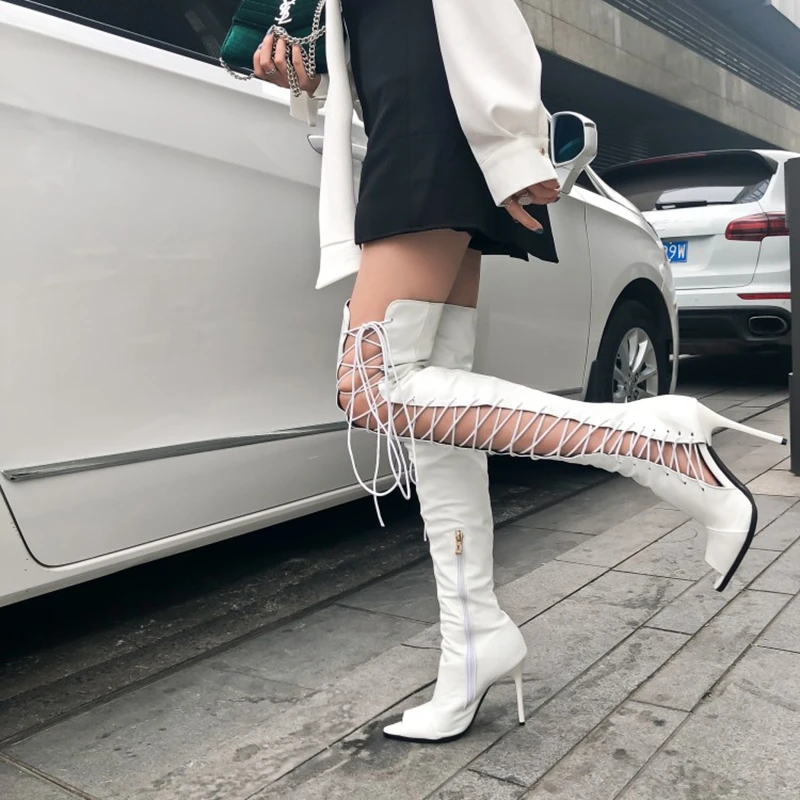 Женские длинные сапоги пикантные женские туфли на высоком каблуке с открытым