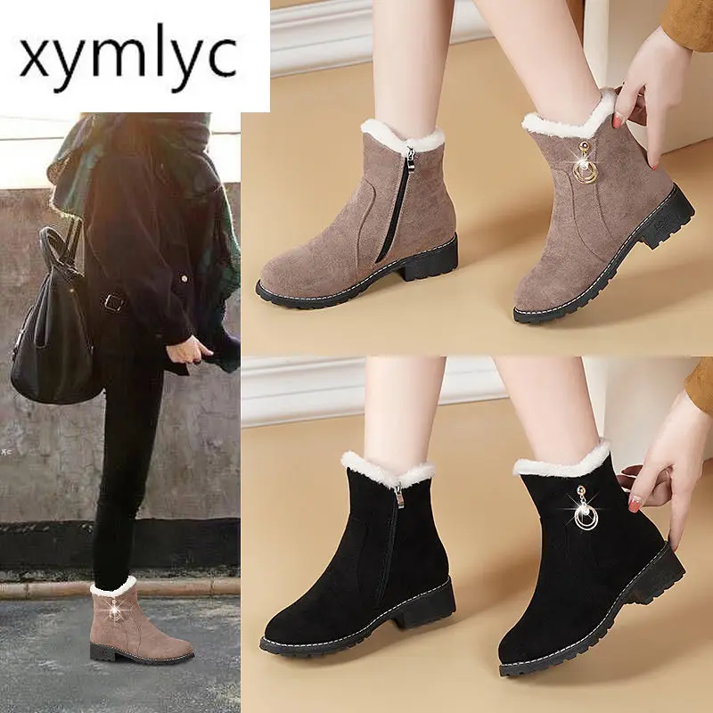 

New Women Boots Winter outdoor keep Warm Fur Boots Waterproof Women's Snow Boots Thick heel with round head short boot 2019