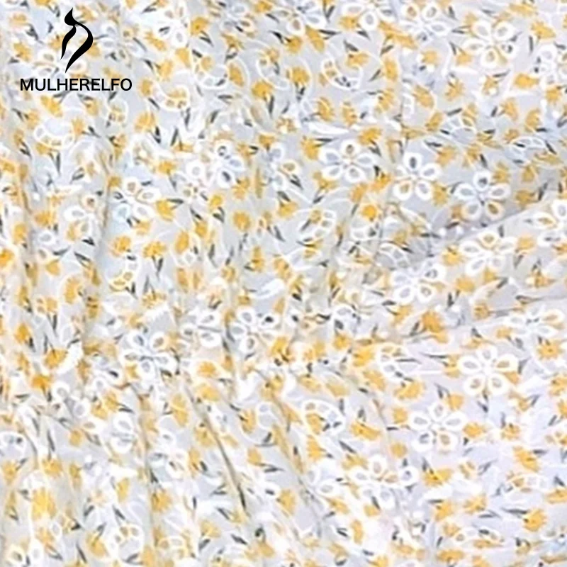 

Yellow Front Cross Folds Women's Dresses Harajuku Chiffon Short Sleeve V-Neck Floral Dresses Retro Female Double Lining Dres