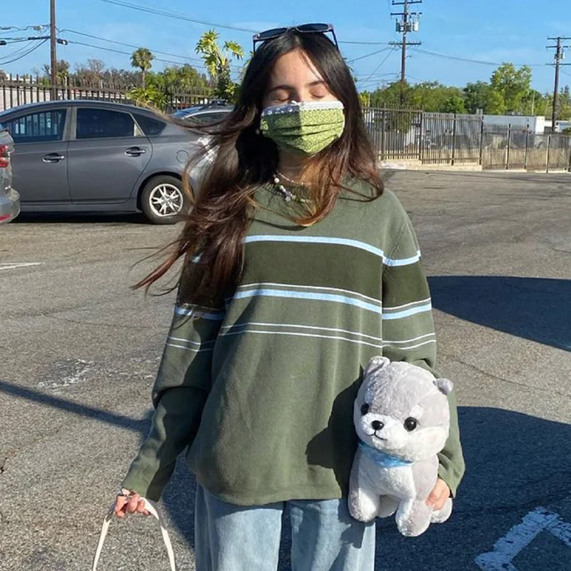 

Женский свитер в зеленую полоску, новинка 2021, базовый свободный свитер с круглым вырезом, пуловер, повседневный Топ