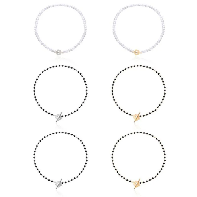 

Black Crystal Bead Clavicle Chain Fashion White Pearl Simple Ot Buckle Short Flower Necklace For Female Women Bohemian Jewelry