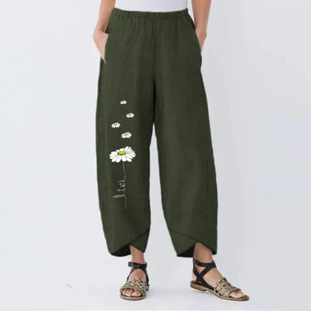 Pants Women Summer Irregular Hem Loose Daisy Print Cotton Linen Elastic Waist Trousers Female Wide Leg Pockets Pantalones #616 | Женская