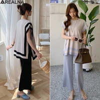 knit set for women ice silk sleeveless shirt tops wide leg fluid pants set woman 2 pieces oversize elegant outfits knitted suit
