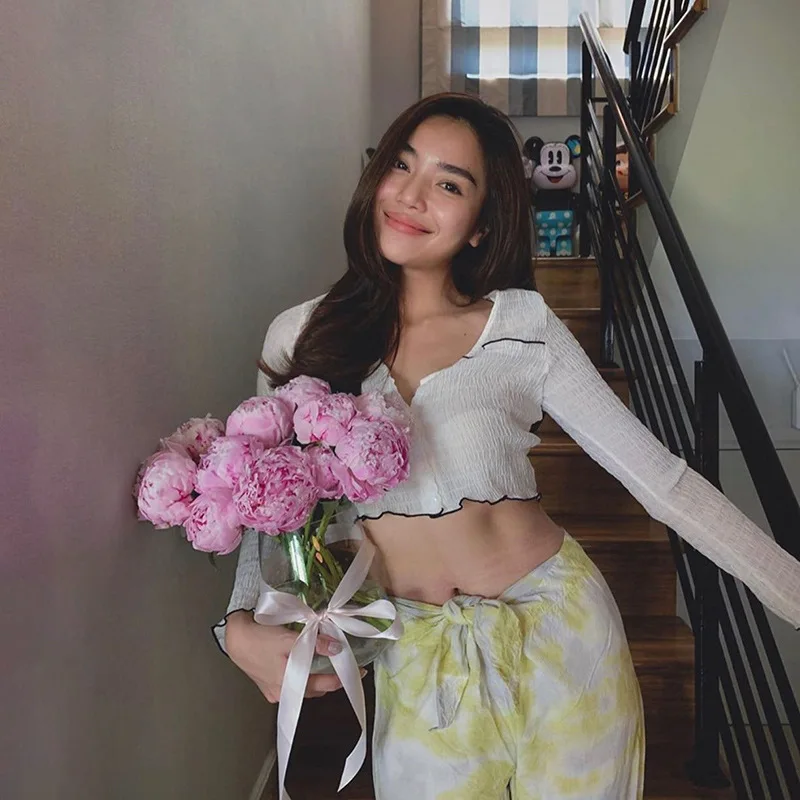 

Fashion Women Casual Sexy Ruched Pleated Cardigan Cropped Single Breasted Long Sleeve Tee V Neck Slim Bottoming T-shirt Spring