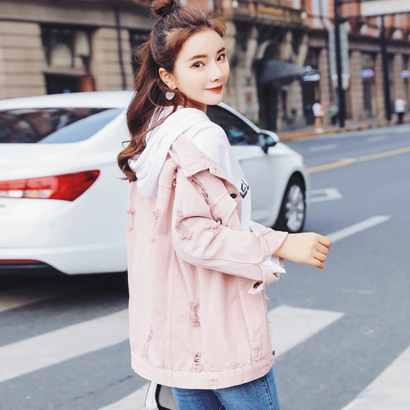 Женская джинсовая куртка CHICEVER розовая свободная однобортная с отложным