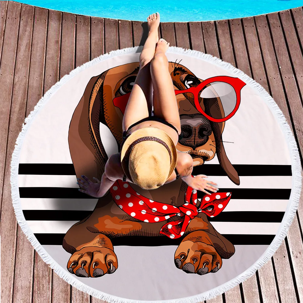 Круглое пляжное полотенце с мультяшной собакой кисточками из микрофибры одеяло