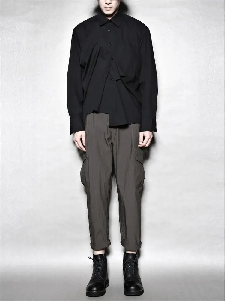 Men's Long-Sleeve Shirt Spring And Autumn New Personality Asymmetric Folding Design Fashion Show Large Size Shirt