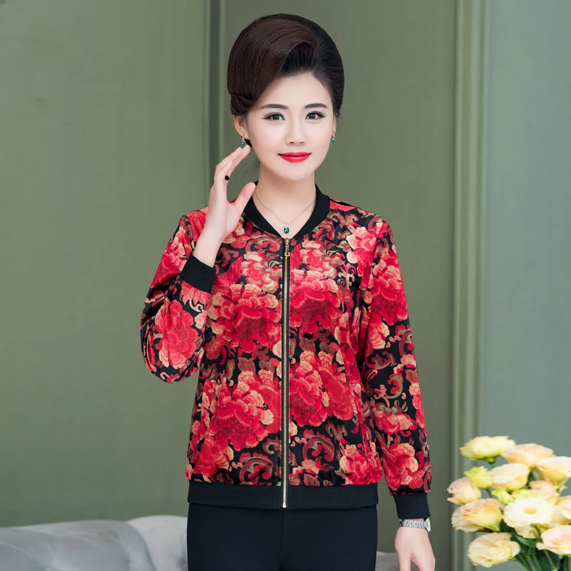 

Spring Autumn Women Jackets Retro Flower Print Short Bomber Jacket Plus Size 5XL Middle-aged Women Basic Coats Casual Outerwear