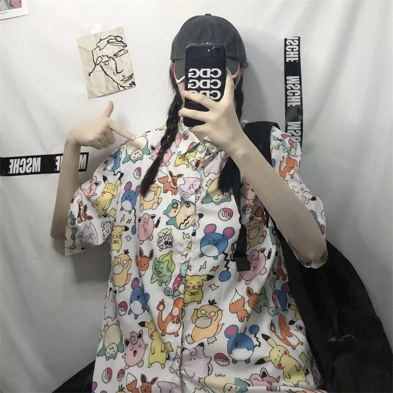 Новый Покемон осень мода на пуговицах с рисунком из аниме рубашки Pikachu женские