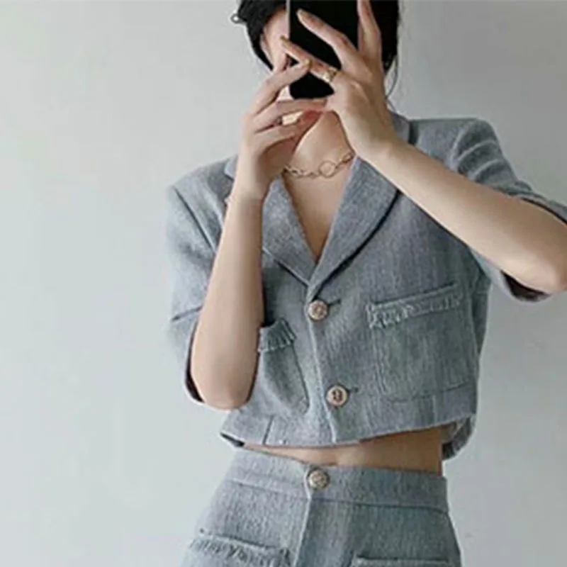 

Women Summer Casual Short Blazers Coats 2021 ZA Solid Short Sleeve Single Breasted Female Street Street Blazer Clothing
