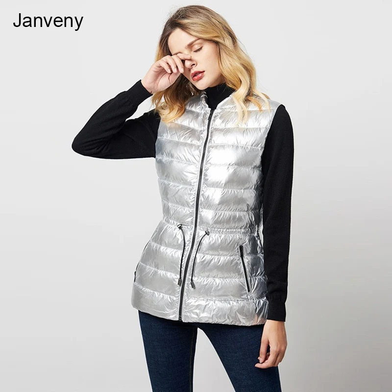 

Janveny Waterproof Long Down Vest Women 2021 Winter Shiny Puffer Slim Gilet 90% Duck Down Jacket Female Waistcoat Sleeveless