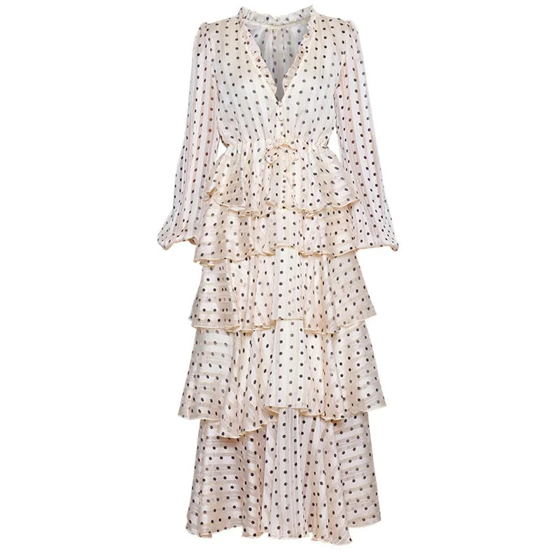 Женское шифоновое платье с каскадными оборками длинное в горошек длинными