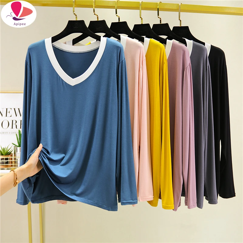

New V-neck Long-Sleeve T shirt Women Summer Modal Shirt Thin inside Slimming Shirt Plus Size Loose Spring Autumn Clothing Tees