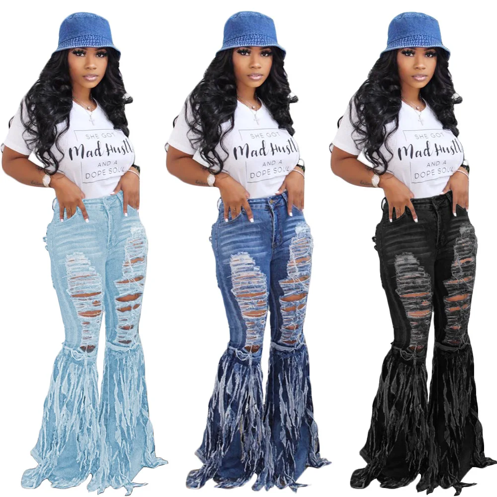 

Women Tassel Flare Jeans Casual Ripped Bell Bottom Jeans Summer High Waist Fashion Vintage Denim Pants Female