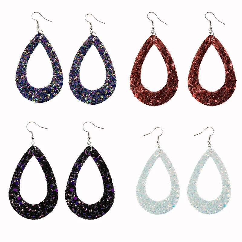 Двухсторонние серьги из искусственной кожи для женщин блестящие полые капли