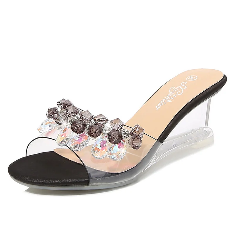 

Mclubgirl Summer New Style 6CM Women's Shoes Fashion Word Buckle Simple Slope Heel Pearl Slippers Transparent Crystal Shoes LFD
