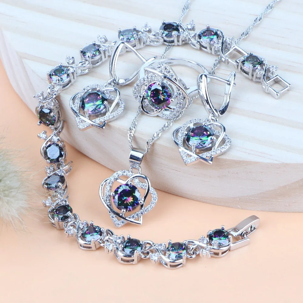 

Silver 925 Rainbow Cubic Zirconia Costume Bridal Jewelry Sets Rings Earrings Bracelets Pendant Wedding Necklace Sets For Women