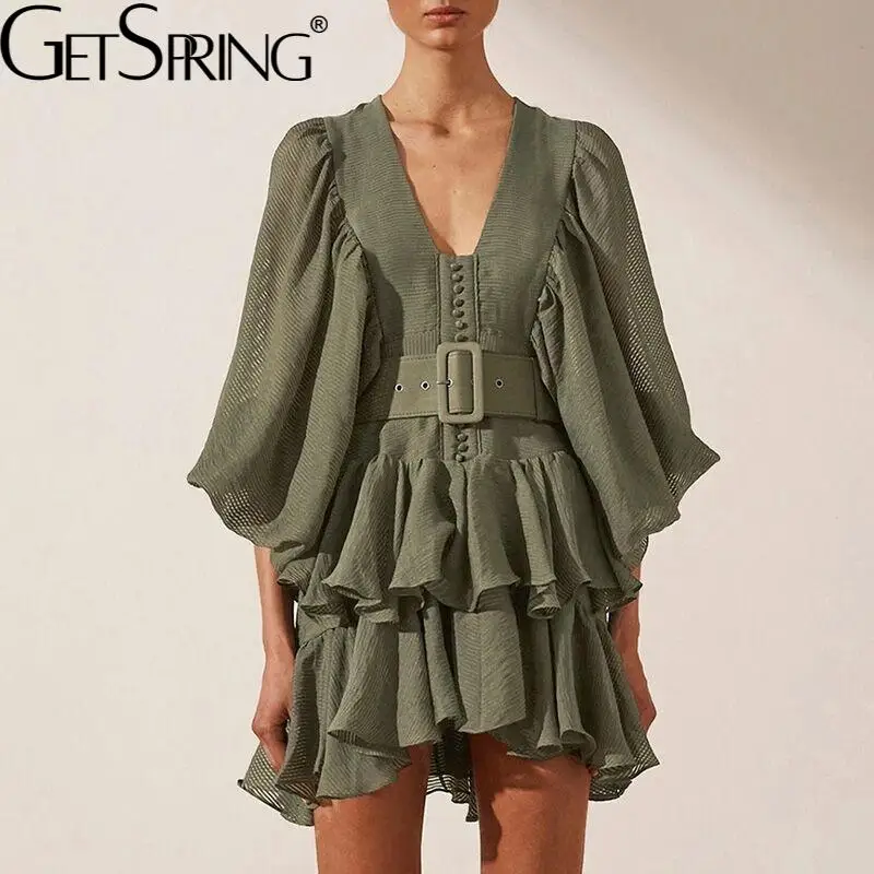 

Getspring Women Dress V-neck Ruffles Irregular Batwing Sleeve Vintage Sexy Dresses Lady Asymmetry Short Summer Dresses 2021 New