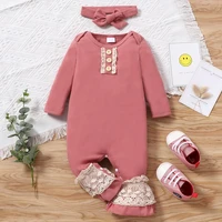 baby girl clothes spring fall 2 pcs solid lace long sleeve flares baby rompersheadband casual comfortable baby clothes 0 18m