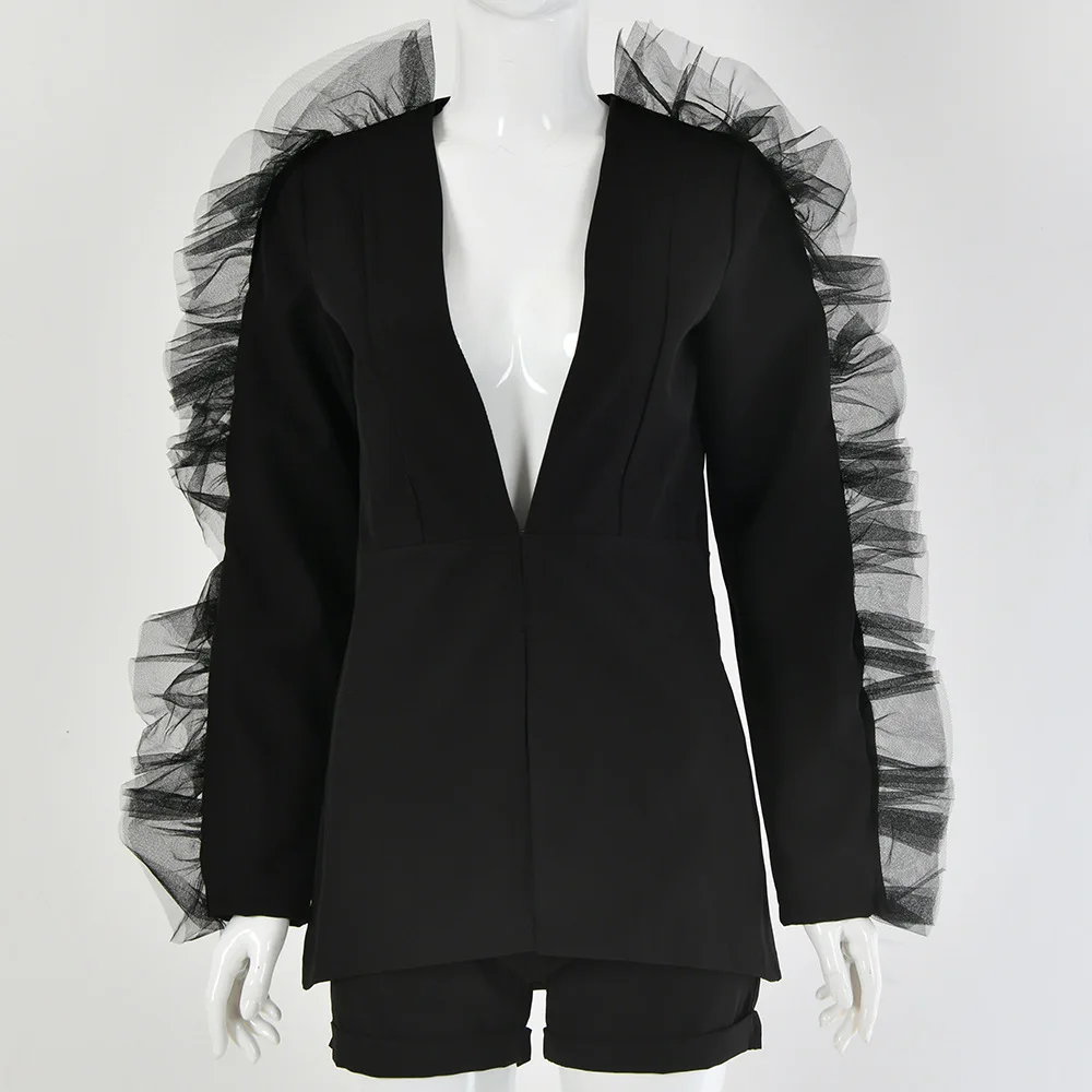 

Yeinchy 2020 sexy deep v neck Mesh Spliced long sleeve veiled button two pcs set blazer and short playsuit FM6000