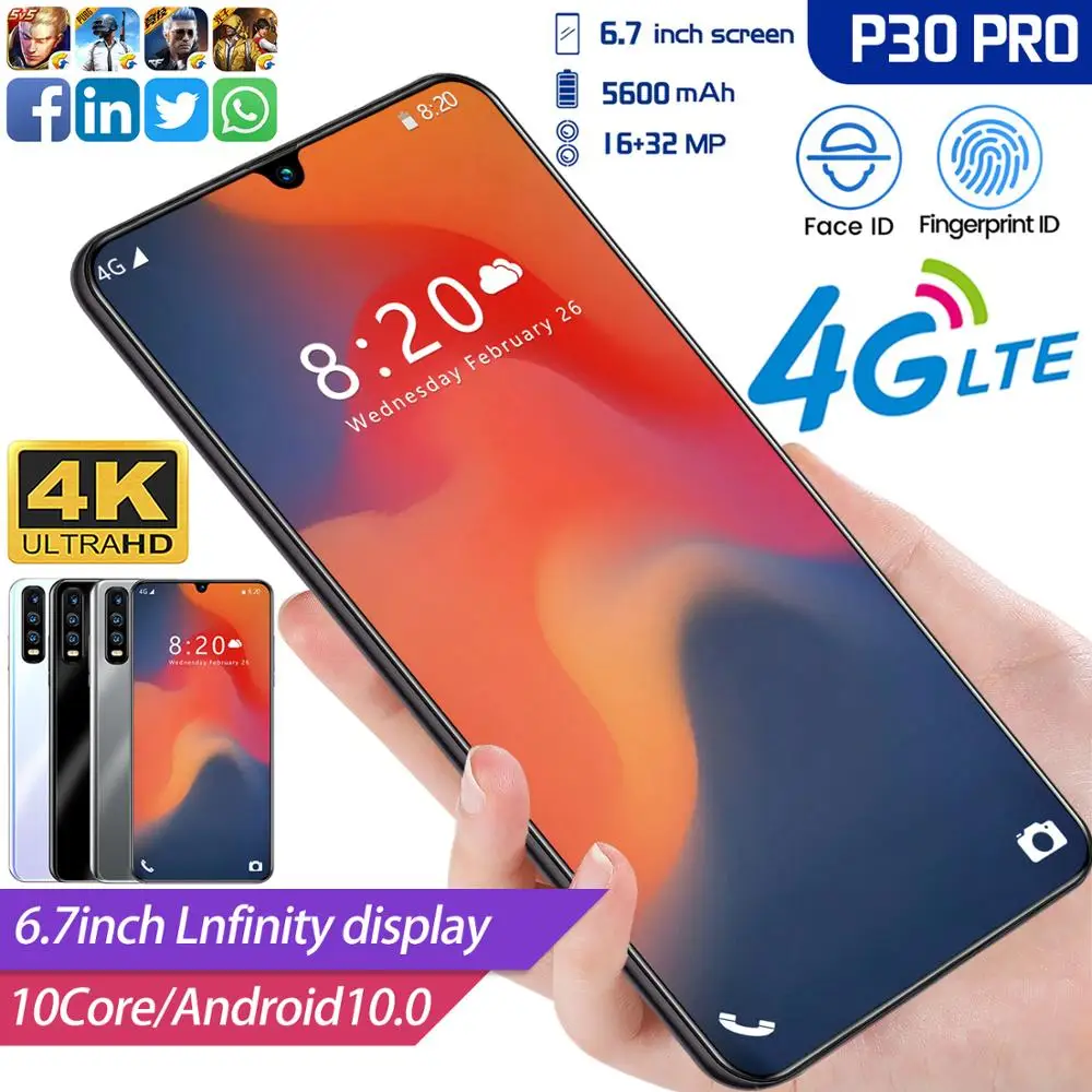 

2020 New 6.7" P30 PRO Smartphone Deca Core Android 5600mAh Cellphone Face ID 8GB+512GB Screen Triple 16+32MP Camera Mobile Phone
