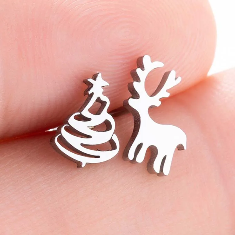 

Mini Golden Black Stainless Steel Fashion Jewelry hollow out Fawn asymmetric stud girl's Christmas tree Friend lovers Earrings