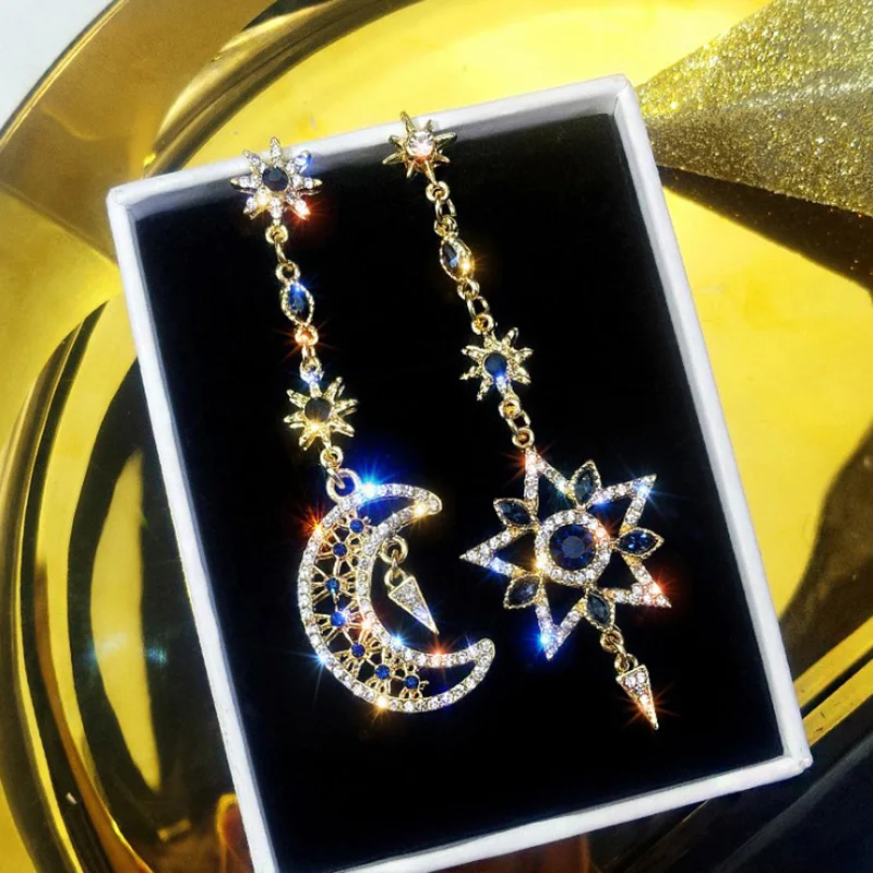 NEW Shiny Rhinestone Asymmetric Earrings Temperament Long Five-Pointed Star Moon Personality Female Trend Korean | Украшения и