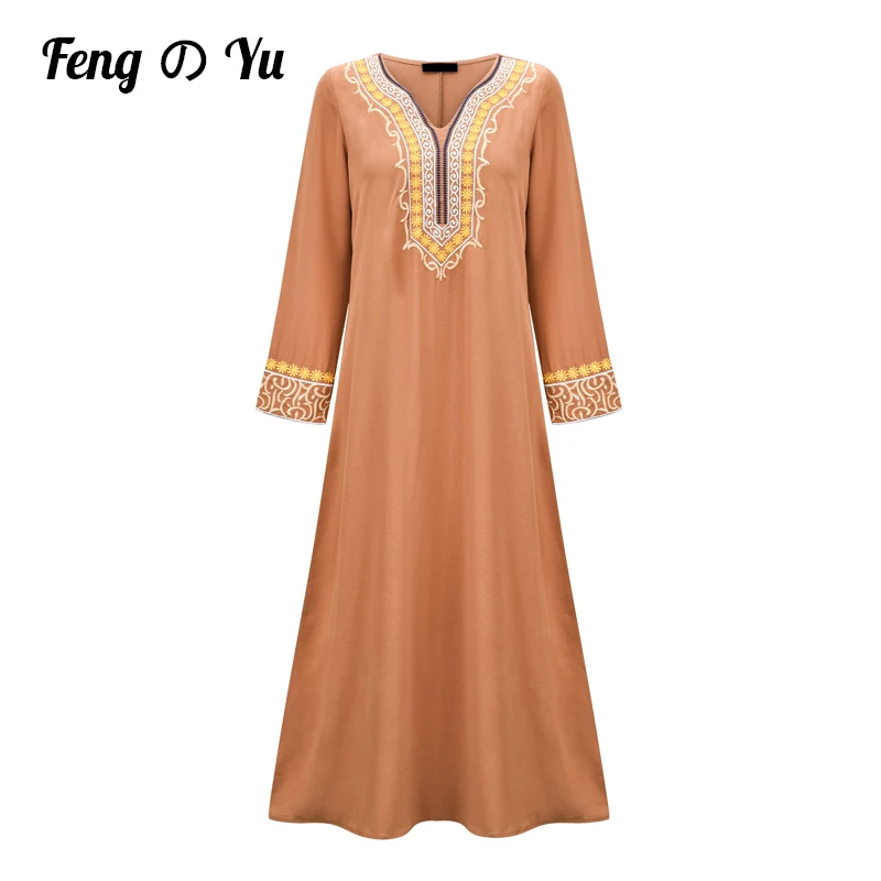 Женское длинное свободное платье, однотонное вечернее платье в арабском стиле с V-образным вырезом и золотыми вышитыми цветами, платье с дли...