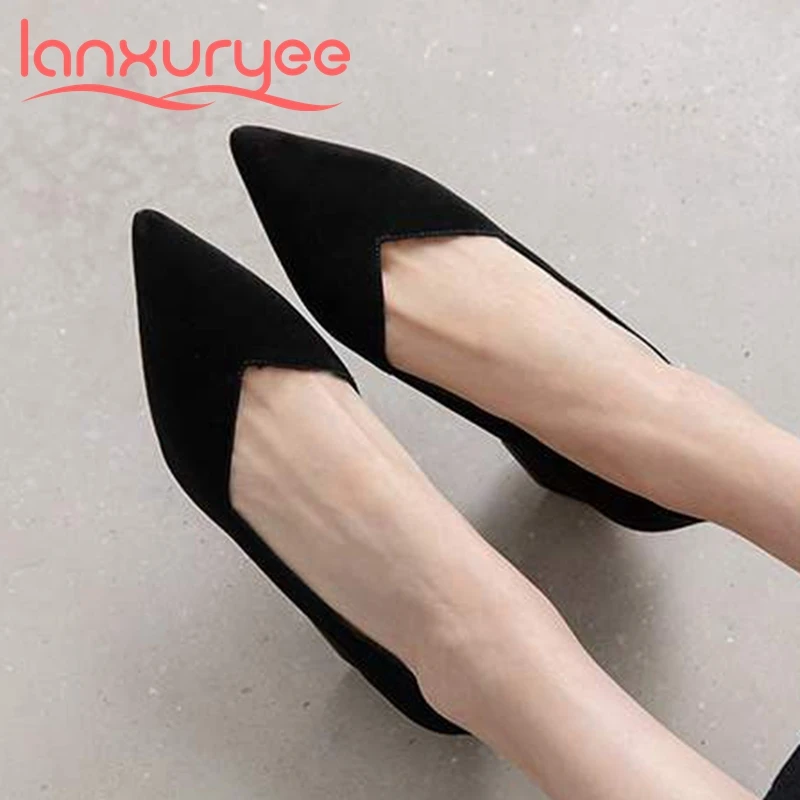 Туфли Lanxuryee женские на толстом среднем каблуке шикарные Элегантные замшевые