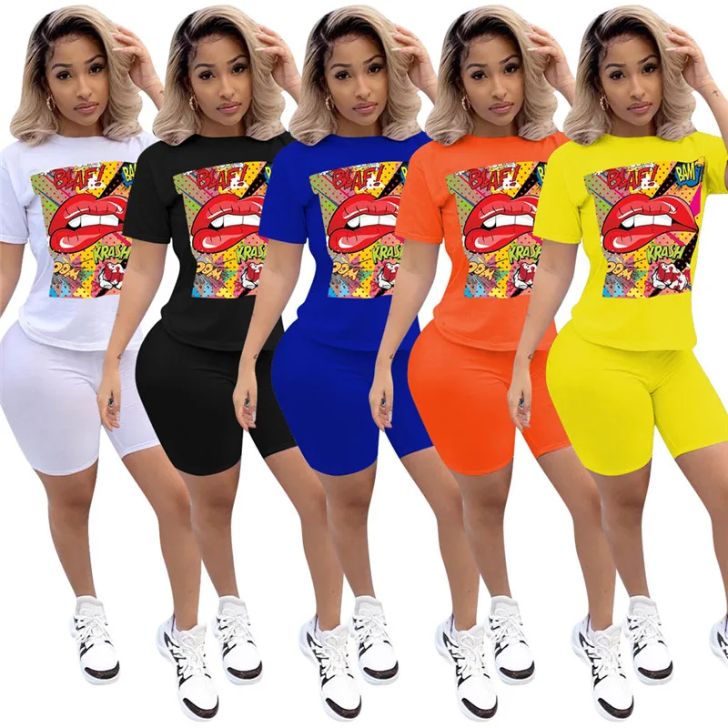 

2020 Two Piece Set Women Tracksuit Summer Sexy Lips Print T Shirt And Shorts Causal Ropa De Mujer Suit Clothes Female S-5XL