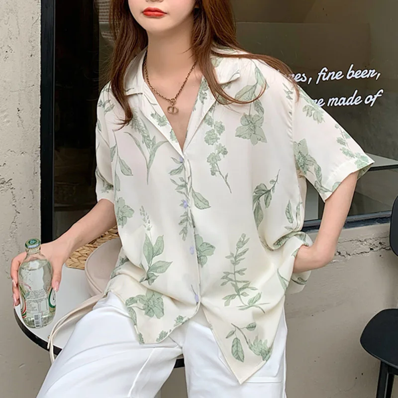 

Floral Short Sleeve Shirts Women Summer Hong Kong Style Design Retro Blouses Printed All-match Button Up Female Tops Fashion Ins