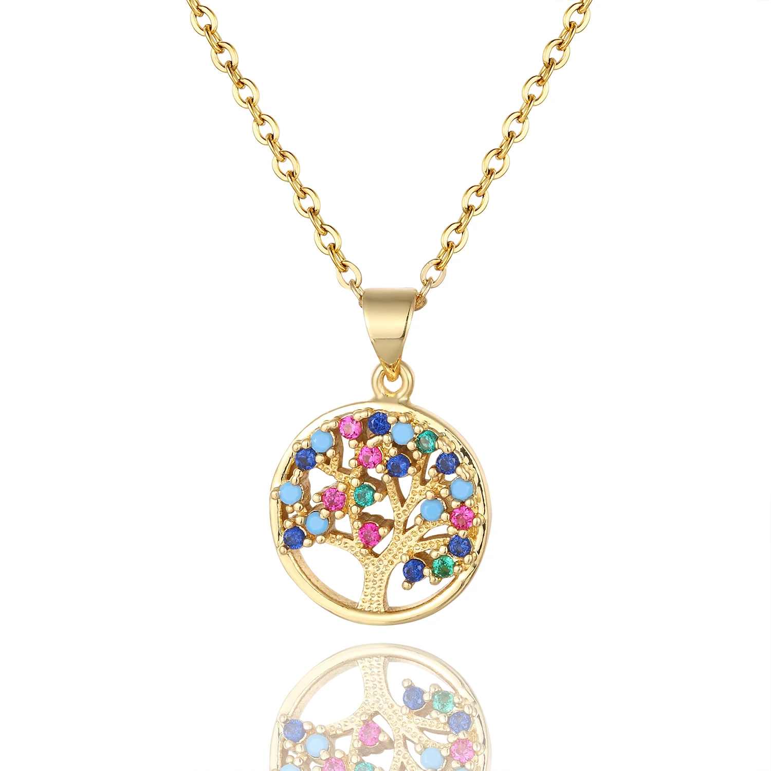 

Women's Life Tree Rainbow Initial Necklace Pendant Colorful AAA Zircon Jewelry Long Chain Gold White Necklace Gift