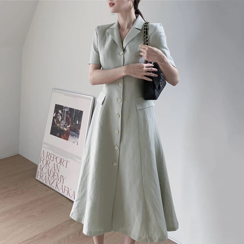 

Women Dress 2022 Summer Korean Fashion Temperament Light Ripe Wind Suit Collar Single-breasted Slim Waist Long Vestidos
