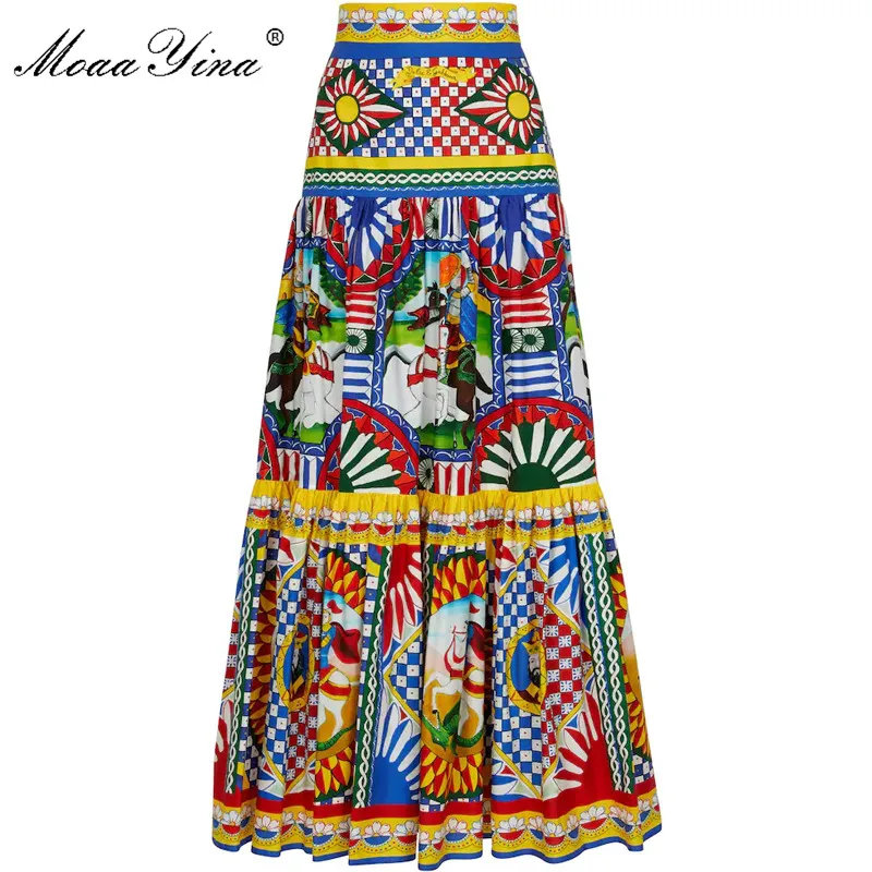 MoaaYina Fashion Runway Autumn Skirts Women High waist Retro Warrior Totem Printed Midi Skirts