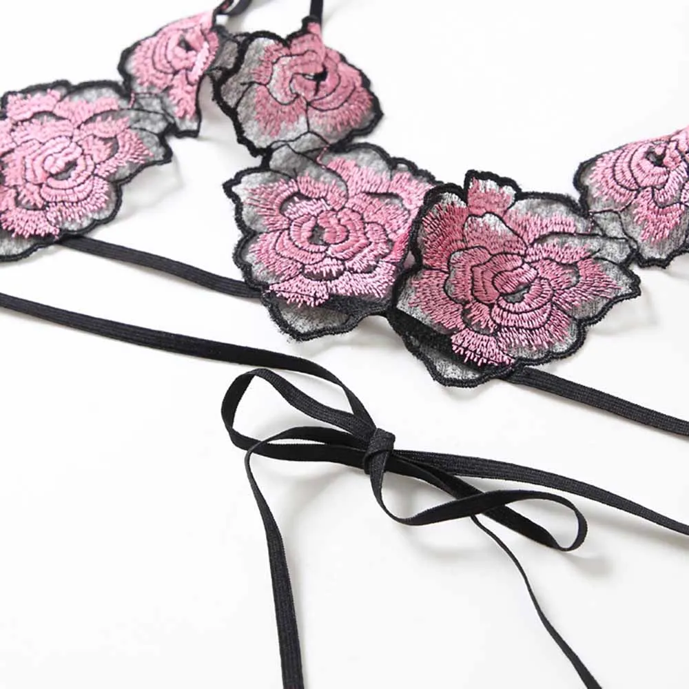 

Women Underwear Lace Flower Embroidery Open Cup Crotch Ultra-thin Sexy Bra Panty Lingerie Set Rose Bikini Suits
