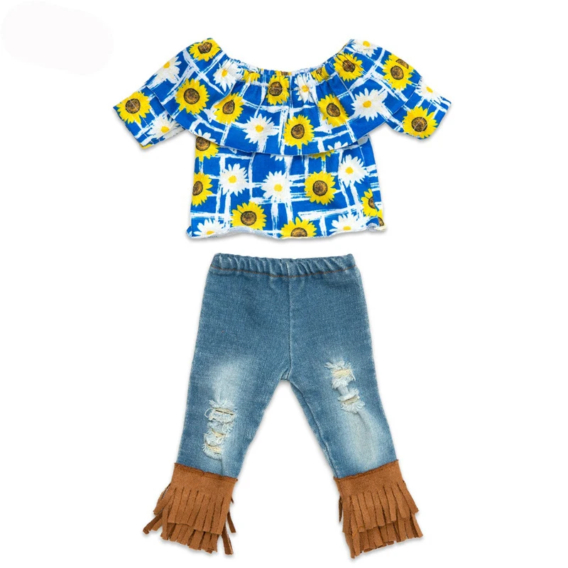 Набор из двух предметов: футболка с изображением подсолнуха и джинсы с кисточками для куклы новорожденного ребенка длиной 43 см (американская кукла Girl 18 дюймов) - аксессуары для одежды.