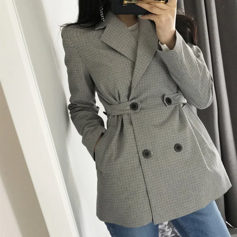 

Trendy New Pop Autumn Winter Women's Blazers Jackets Gray Notched Plaid Button Outerwear England Style Cardigan Tops JK152
