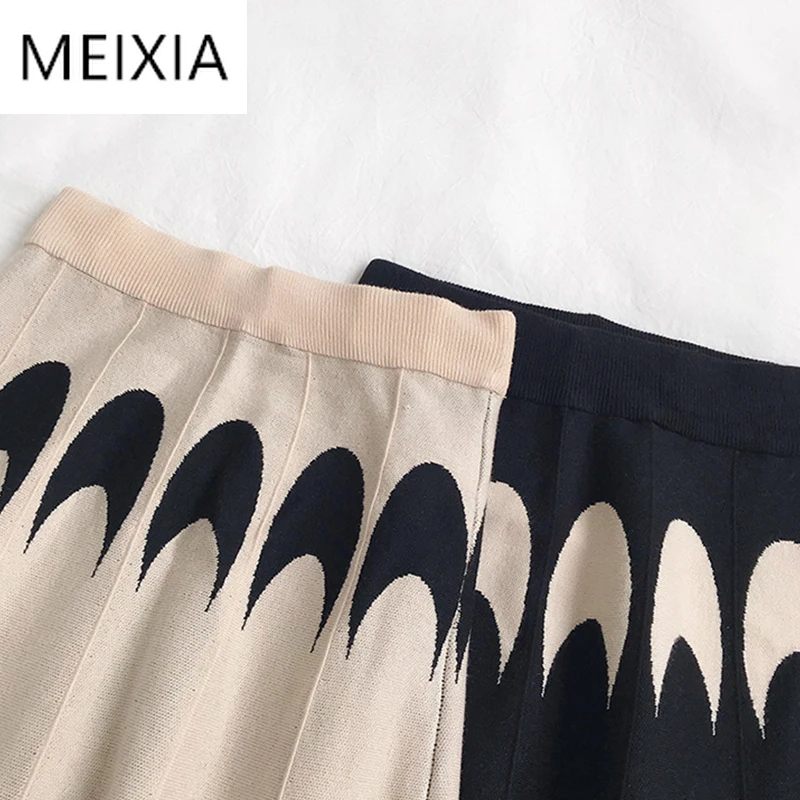 

MEIXIA 2020 Autumn Winter Women Casual Skirt Geometric Elastic Waist Knitwear Skirts A-Line Mid-Calf Fashion Office Lady Skirt