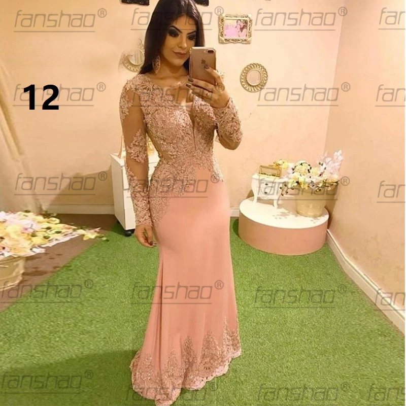 Платье вечернее длинное Персиковое с длинным рукавом и аппликацией|Вечерние