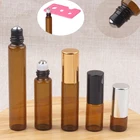Флакон из янтарного стекла с рулоном, 10 шт., 1 мл, 2 мл, 3 мл, 5 мл, 10 мл, коричневый флакон для эфирного масла, флакон для духов с черным роликом, металлический шарик