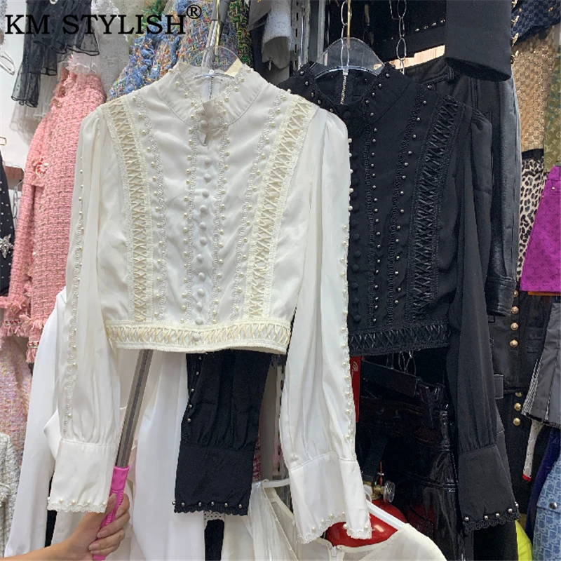 

KM STYLISH Women's Clothes New White Shirt Puff Sleeve Stand Collar Cotton Blend Beading High-end Pearl Womens Tops and Blouses