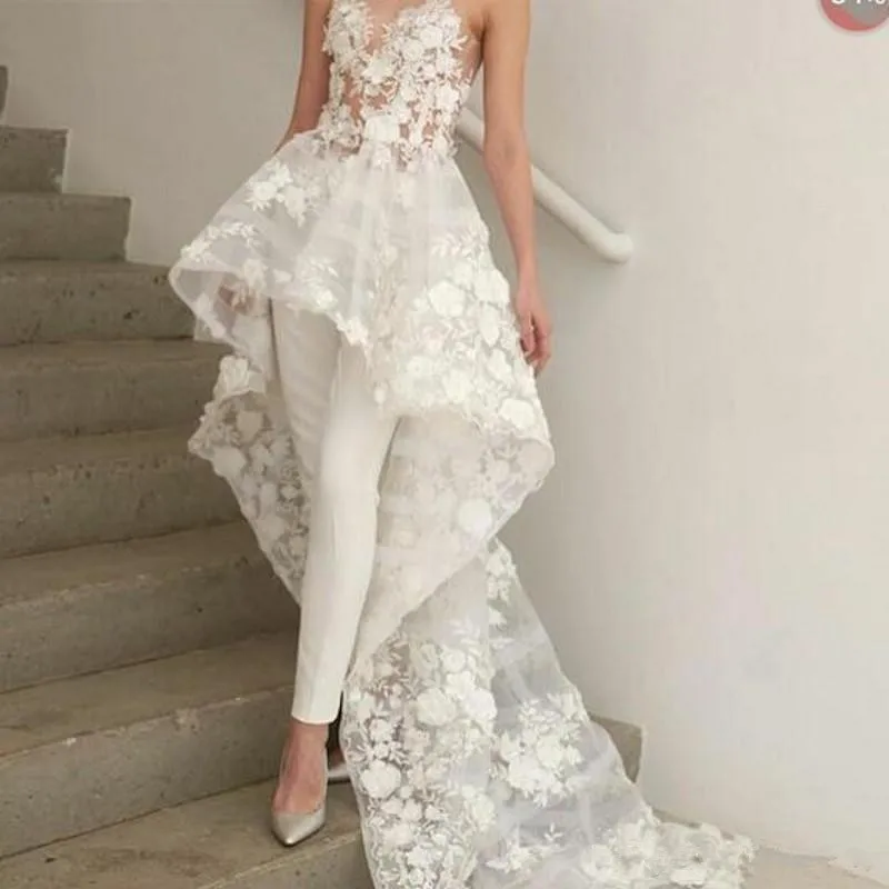 

Sexy Bohemian White Hi lo transparent Wedding Dresses Long Train 2020 Sweetheart Lace 3D Floral Appliques Bridal Gown No pants