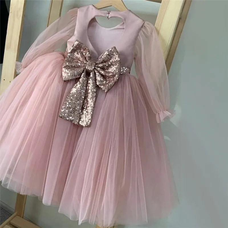 New Pink Baby Girl Dress Long Sleeve Keyhole Back Flower Girl Dress Children Pageant Birthday Gown
