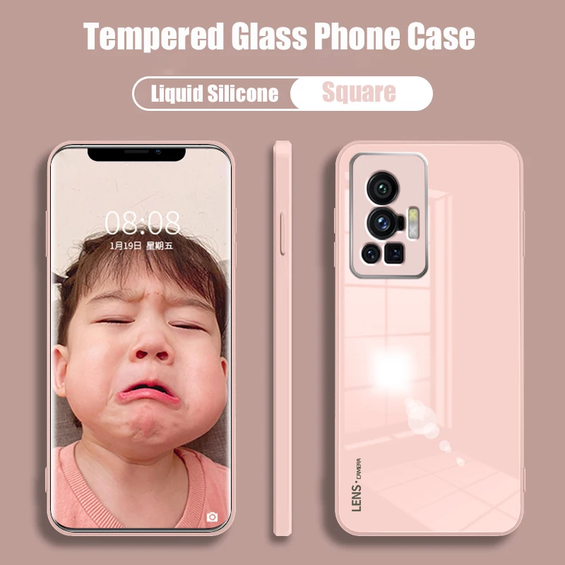 

Tempered Glass Square Solid Phone Case for VIVO X70 Pro VIVOX70 X70Pro 5G Luxury Liquid Silicone Frame Fashion Back Cover Simple
