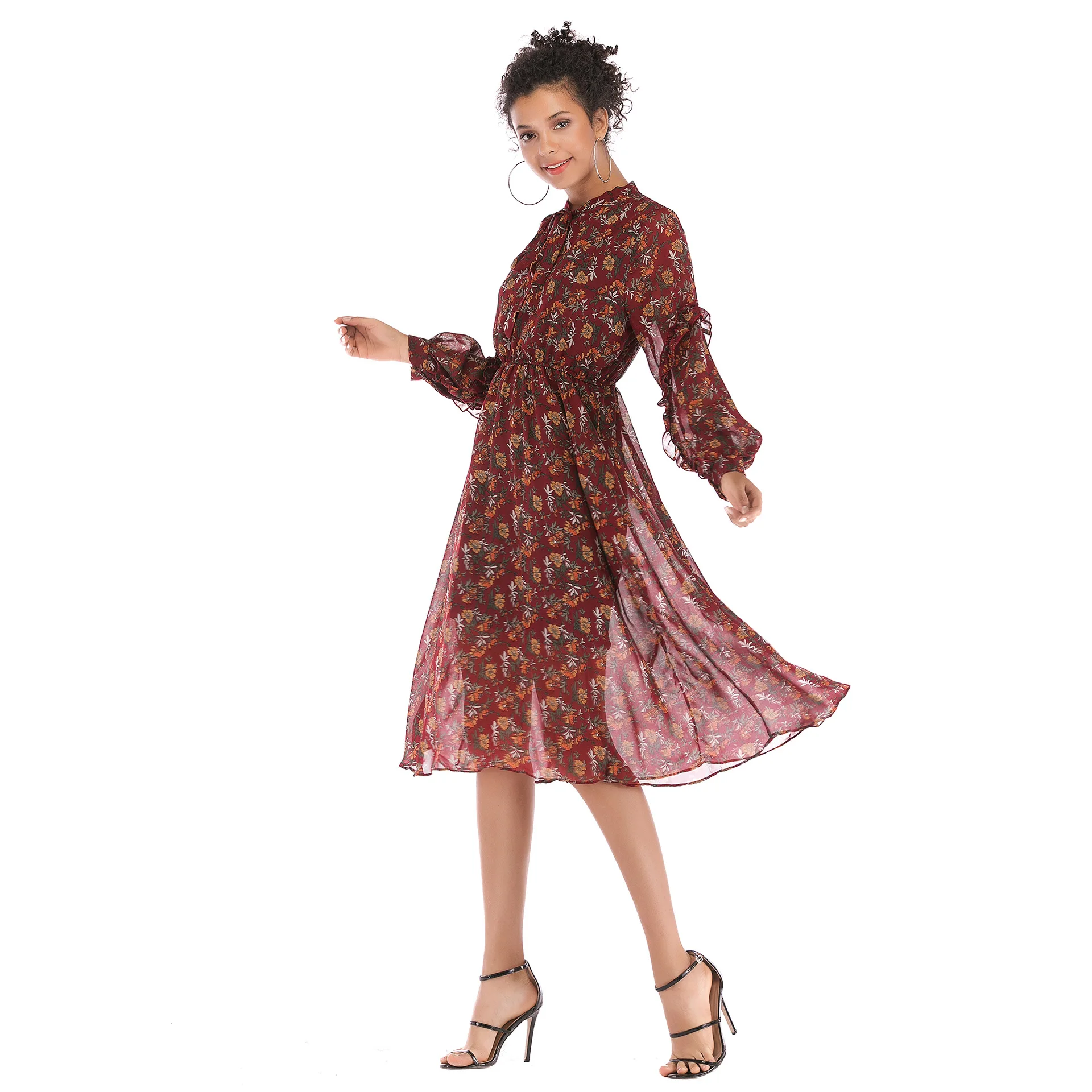 

Donsignet Fashion Women's Dress New Summer Casual Round Neck Pullover Lace Floral Print Waist Loose Short-sleeved Dress